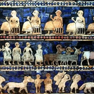 The Peace frieze from the Standard of Ur. Sumerian artefact excavated from the Royal