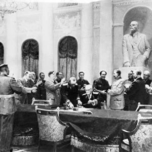 In the name of peace a painting by soviet artists v, vikhtinsky, b, zhukov, e, levin, l, chernov, and l, shmatkov, the painting depicts the signing of the treaty of friendship, alliance, and mutual assistance between the soviet union and the chinese peoples republic in 1950, (left to right: a, mikoyan, man bent over is unknown as is the man behind him, man in uniform is n, a, bulganin, n, c, khrushchev, v, m, molotov, k, voroshilov, j, v, stalin, mao zedong, chou enlai, wang cha hsiang, ambassador to the ussr g, m, malenkov, unknown chinese, i, p, beria, l, m, kaganovich, uniformed man facing back is believed to be marshal vasilevsky, andrei vyshinsky, and bending over him, b, podserop)
