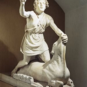 Pentelic marble Mithra slaying bull, signed by Kriton of Athens, from Mithraeum of Baths of Mithra, Ostia Antica