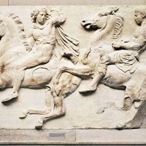 Pentelic marble west frieze of the Parthenon by Phidias, bas-relief depicting horsemen during Panathenaic procession, 445-438 B. C