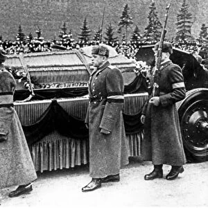 Personalities following the coffin of stalin as it is borne on a gun caisson through red square, moscow, march 9, 1953, right to left: premier zhou en-lai, premier g, m, malenkov, marshal k, voroshilov, l, kaganovich, marshall n, bulganin, v, m, molotov