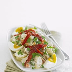 Plate of ensaladilla potato salad with boiled eggs on white background, close-up