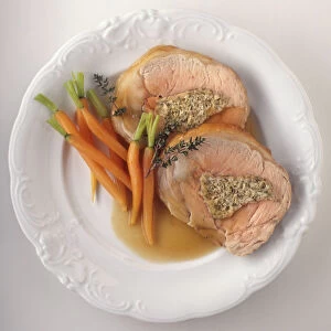Plate of Falettes, stuffed fillets of veal served with carrots and sauce, a typical dish from Auvergne, France, view from above