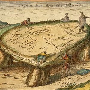 Poitiers, France, dolmen with artists names engraved on from Civitates Orbis Terrarum by Georg Braun, 1541-1622 and Franz Hogenberg, 1540-1590, engraving