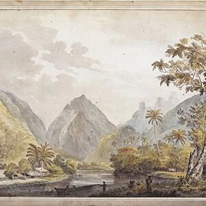 Polynesia, View of Otaheite (Tahiti) by John Webber from James Cooks Third Voyage (1776-1780), drawing