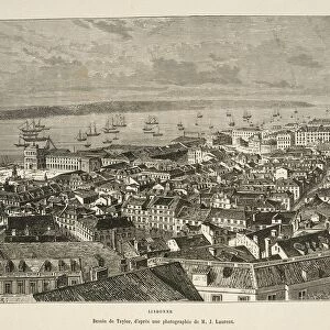 Portugal, Lisbon, Tagus River and Praca do Comercio (Commerce Square) district, engraving from Nouvelle Geographie Universelle by Elisee Reclus, drawing from photograph by M. J. Laurent, 19th century