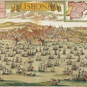 Portugal, view of Lisbon, coloured engraving, about 1704