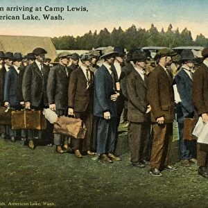 Postcard of Drafted Men at Camp Lewis. ca. 1917, Drafted men arriving at Camp Lewis, American Lake, Washington