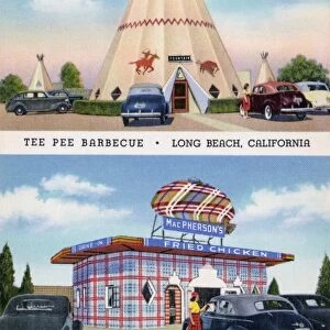Postcard of Drive-in Restaurants. ca. 1940, TEEPEE BARBECUE. 5251 East Second Street. MacPHERSONs DRIVE-IN. 901 East Broadway. Two fine and convenient drive-ins-both in LONG BEACH, CALIFORNIA. Architecture worth seeing-real barbecued Sandwiches and fountain drinks-worth remembering