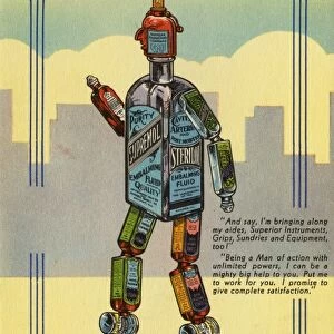 Postcard of the Embalming Chemical Man. ca. 1936, An advertising postcard sent by the Undertakers Supply Company, featuring their mascot Embalming Chemical Man, a man made of bottles of embalming fluid, saying I m on my way