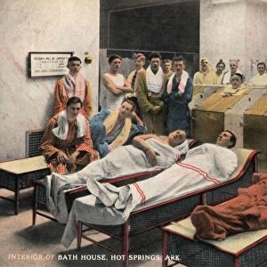 Postcard of Men Relaxing in a Bathhouse. ca. 1913, Interior of bath house, Hot Springs, Arkansas