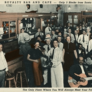 Postcard of the Royalty Bar and Cafe. ca. 1938, Royalty Bar and Cafe - Only 3 blocks from Santa Fe Street Bridge The only place where you always meet your friends Royality Bar and Cafe Pedro Gutierrez Bonet, Prop. Ave. Juarez No. 443 - Tel. 21 Ciudad Juarez, Chih. Mexico
