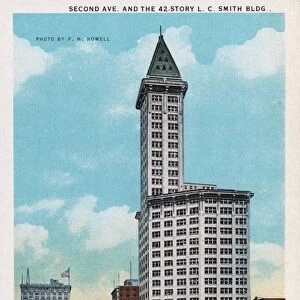 Postcard of the Smith Tower in Seattle. ca. 1913, Second Avenue and the 42-story L. C. Smith Building in Seattle. Of the eight elevators in the Smith Building, two serve the tower. There are six hundred offices, six stores, a telegraph office on the first floor, a barber shop, a restaurant, and a buffet in the basement. The thirty-fifth floor is furnished in Washington fir and used as an observatory. The exterior is Washington granite for the first two floors: above is white glazed terra cotta. The building cost $1, 500, 000
