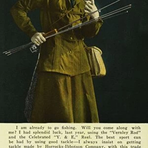 Postcard of Sportswoman with Fishing Rods. ca. 1917, I am all ready to go fishing. Will you come along with meja I had splendid luck, last year, using the Vernley Rod and the Celebrated Y. & E. Reel. The best sport can be had by using good tackle - I always insist on getting tackle made by Horrocks-Ibbotson Company, with this trademark. BEST BY TEST Horrocks-Ibbotson Co. Makers of Fishing Tackle, Utica, N. Y