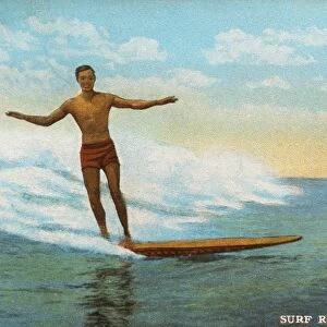 Postcard of Surfer Riding a Wave. ca. 1908-1910, SURF RIDING, HAWAII. The most popular of Hawaiian pastimes is surf swimming or heenalu. In this sport the swimmers use a light board made of koa or wiliwili. With these they swim out to sea, diving under the rollers which they meet, until they reach the outer line of breakers: then, lying flat on their boards, they balance themselves upon the forward slope of the highest breaker, and ride with the speed of a race horse toward the shore. Surf board swimming can be seen at Waikiki near Honolulu