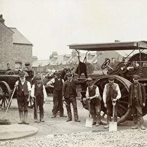 Postcard of Workers in front of an Antique Steamroller. Northamptonshire, England, UK, Postcard of Workers in front of an Antique Steamroller