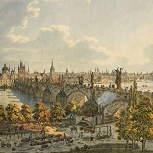 Prague, view of Ponte Carlo (Charles Bridge) over Vltava River, engraving