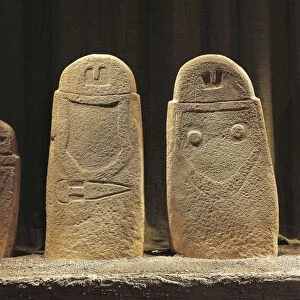Prehistoric anthropomorphic menhir sculpture from Pontevecchio, Liguria Region, Italy, 3rd Millennium B. C