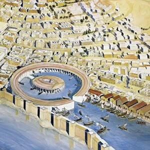 Punic civilization. Reconstruction of Byrsa Hill, with the Punic city and Hannibals circular harbor, late 4th-2nd century b. c. Fresco by architect J. M. Gassend. Detail, harbor and surrounding houses
