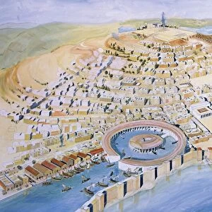 Punic civilization. Reconstruction of Byrsa Hill, with the Punic city and Hannibals circular harbor, late 4th-2nd century b. c. fresco by architect J. M. Gassend