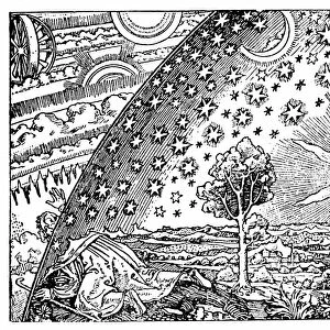 Reconstruction of medieval conception of the universe showing a flat earth surrounded