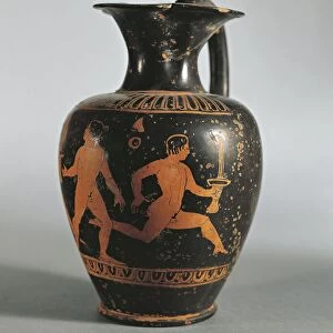 Detail of red-figure oenochoe (or oinochoe- wine jug) depicting a runner with a torch