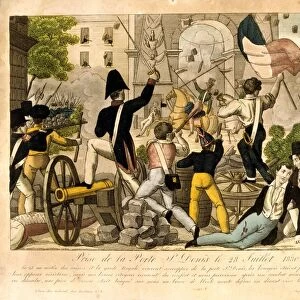Revolution in France, 1830: Capture of Porte Saint Denis July 1830. Popular hand-coloured woodcut