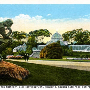 Rodins Statue, The Thinker and Horitculture building, Golden Gate Park, San Francisco, California