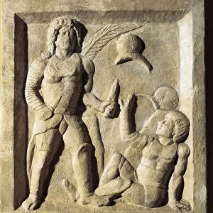 Roman civilization, funerary stele with relief depicting gladiator fight, from Amisos, Turkey