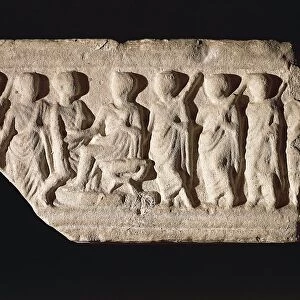 Roman civilization, relief portraying magistrate sitting on bisellium and surrounded by lictors and figures