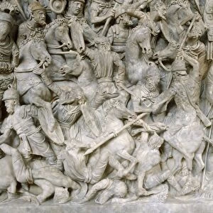 Romans in battle against the Barbarians. Scene from sarcophagus of a general of Roman