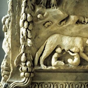 Romulus and Remus suckling from the she-wolf. Detail from marble monument to the