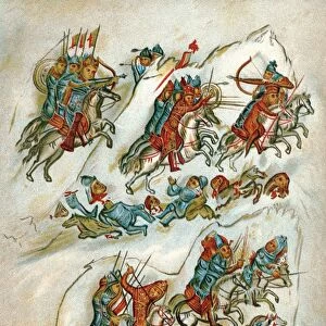 Russians routing Bulgarians in cavalry skirmish. Chromolithograph from 10th century