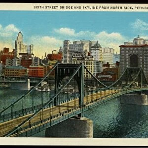 Sixth Street Bridge and Skyline. ca. 1929, Pittsburgh, Pennsylvania, USA, PITTSBURGH PROMOTES PROGRESS. SIXTH STREET BRIDGE AND SKYLINE FROM NORTH SIDE, PITTSBURGH, PA