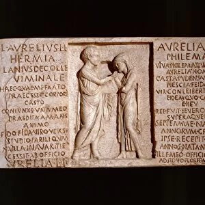 Slab from sarcophagus of married couple with farewell scene and inscriptions praising deceased