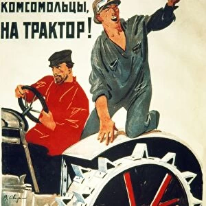 Soviet propaganda poster from the 1930s, day laborers and young communists - join the tractor shock brigades for spring sowing