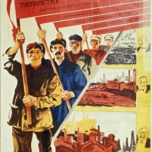 A soviet propaganda poster from the 1930s, five year plan - we are on the threshold of changing from an agrarian nation into an industrial nation