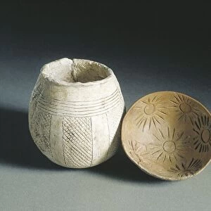 Spain, Madrid, Plaster vase from Fonelas, Almeria, and decorated cup from Los Millares