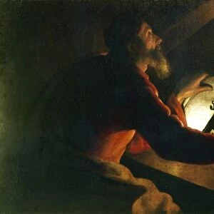 St Luke the Evangelist writing his gospel watched by his symbol, an ox. French School, 17th century
