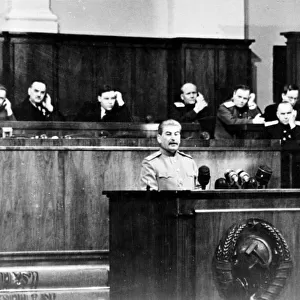 Stalin making his report at the celebration of the moscow soviet of the working peoples deputies on the ocacasion of the 27th anniversary of the great october revolution, nov, 6, 1944