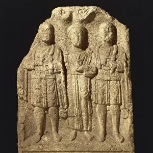 Stele of M. Cocceio Superiano depicting a woman between two Lares, guarantors of iustae nuptiae (lawful marriage) from Labor (Zagreb)