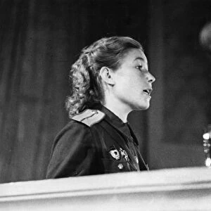 Tank commander, junior lieutenant alexandra boiko, speaking to attendees of the fourth soviet womens anti-fascist meeting on august 20, 1944 at the tchaikovsky concert hall in moscow