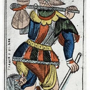 Tarot card of The Fool - Jergot Tarot, 17th century. Tarot pack of 22 cards was used