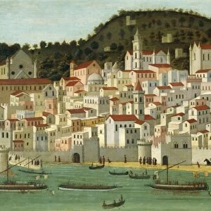 Tavola Strozzi, portraying Aragonese fleet returning victorious into Naples Port after Battle of Ischia, 12th July 1465, detail with Capodimonte Hill, by unknown artist from Neapolitan School, tempera on panel, 1472