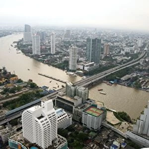 Thailand, Bangkok, cityscape with Chao Phraya River, aerial view