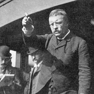 Theodore Roosevelt (1858-1919) addressing a meeting in New York State. Roosevelt