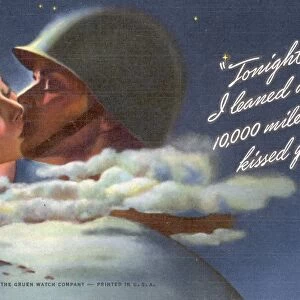 Tonight I Leaned Across 10, 000 Miles and Kissed You Print. ca. 1943, Advertisement for Gruen Watch Company