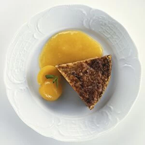 Torta di riso, rice cake served with apricot sauce and fresh apricots, a typical dessert from Tuscany, Italy, view from above