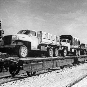 A trainload of trucks arriving for the first polish corps in the ussr (the genrikh dombrovsky 2nd division), the trucks are american, sent as part of the lend-lease program