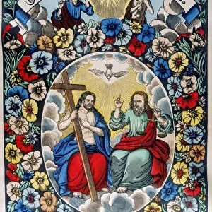 The Trinity: Father, Son and Holy Spirit. 19th century coloured woodcut